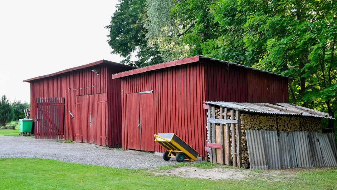 Traditional rustic red wooden barns and a firewood shed next to a yellow wheelbarrow in a lush green countryside yard.📸 Photo by me IG: @margoevardson